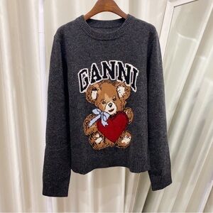 Ganni Gray Sweater with Bear and Heart Design